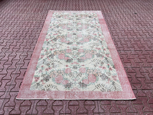 Handwoven Turkish Oushak Rug: 3.8x6.5, Wool & Cotton Floral Rug