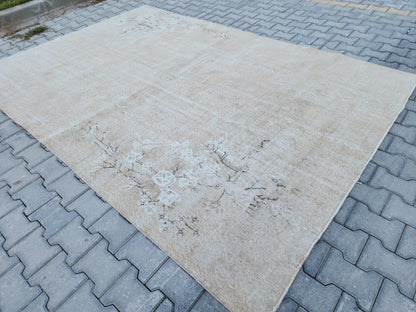 7x10 Vintage Oushak Rug: Neutral Beige Turkish Hand-Knotted Rug
