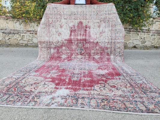 Vintage 6x9 Oushak Rug, Turkish Hand Knotted Red Rug, Bohemian Living Room Home Decor
