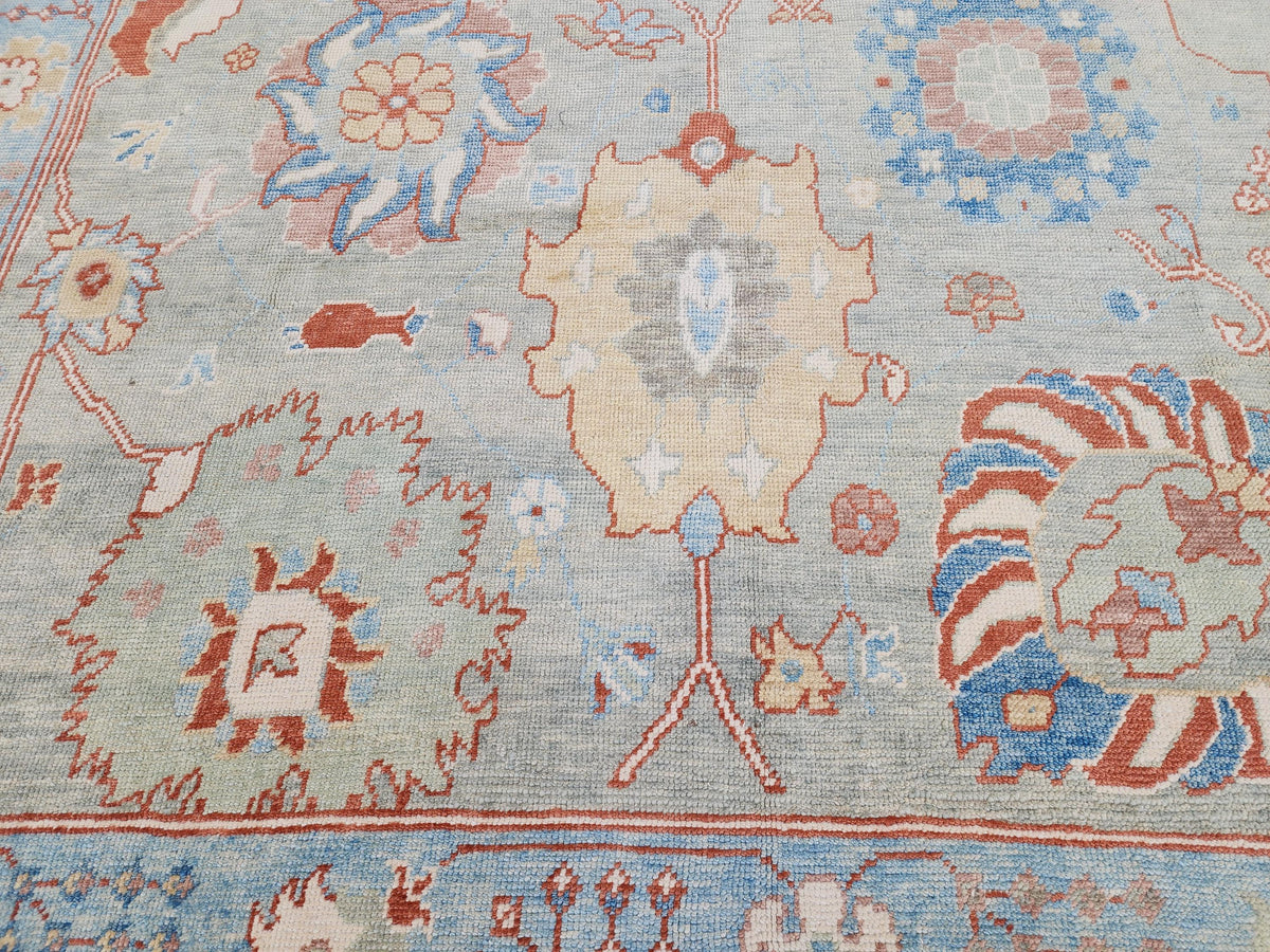 8x10 Oushak Rug, Handwoven Turkish Wool, Light Blue Terracotta Floral, Living Room Decor