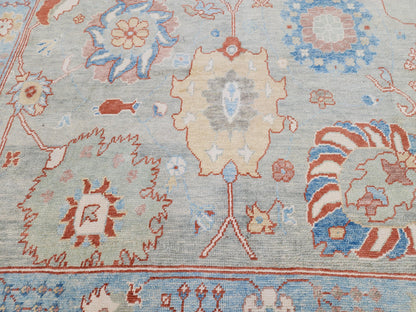 8x10 Oushak Rug, Handwoven Turkish Wool, Light Blue Terracotta Floral, Living Room Decor