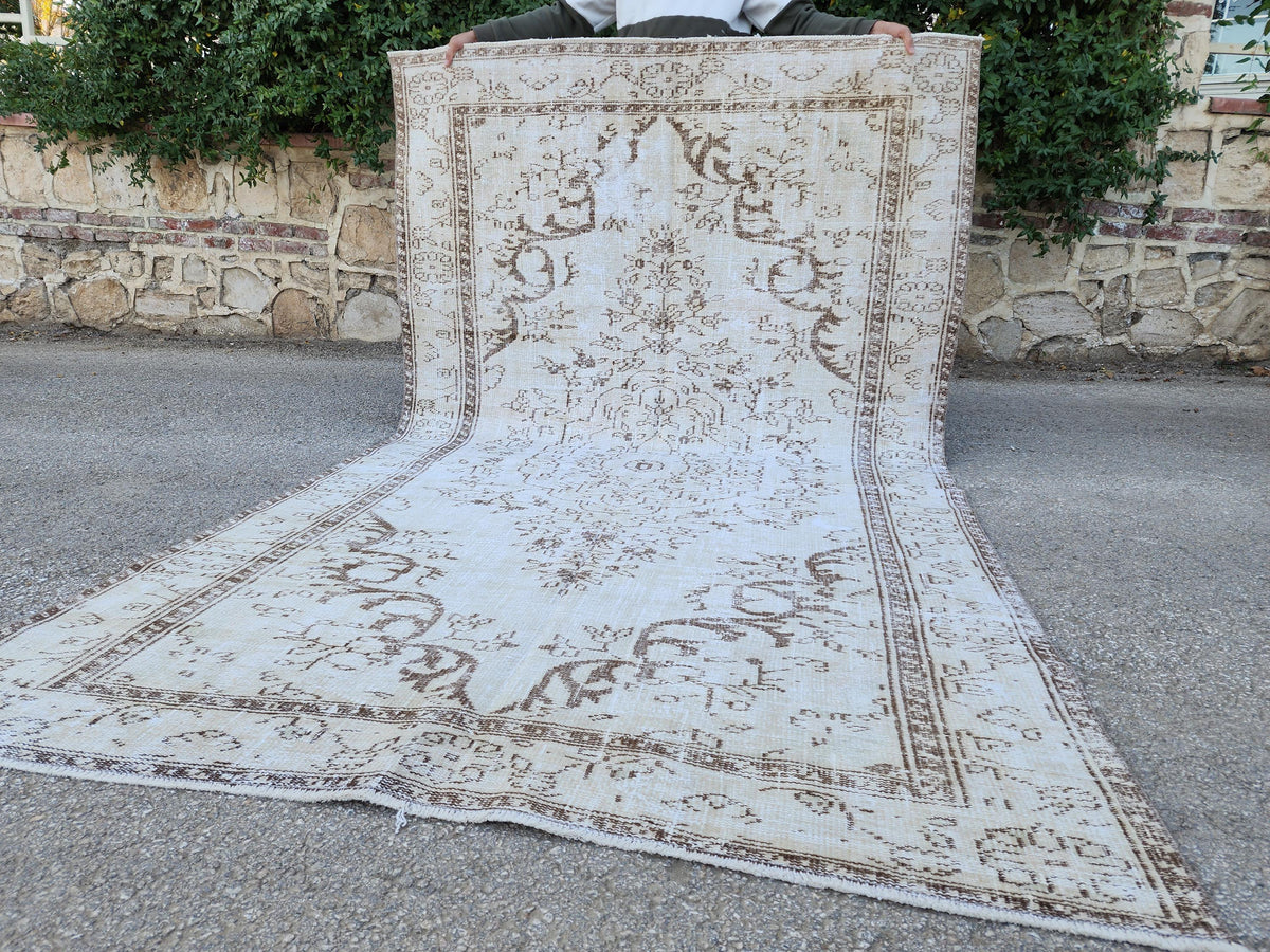 6x9 Turkish Area Rug, White and Brown Hand Knotted, Living Room Rustic Decor