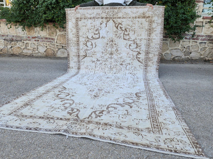 6x9 Turkish Area Rug, White and Brown Hand Knotted, Living Room Rustic Decor