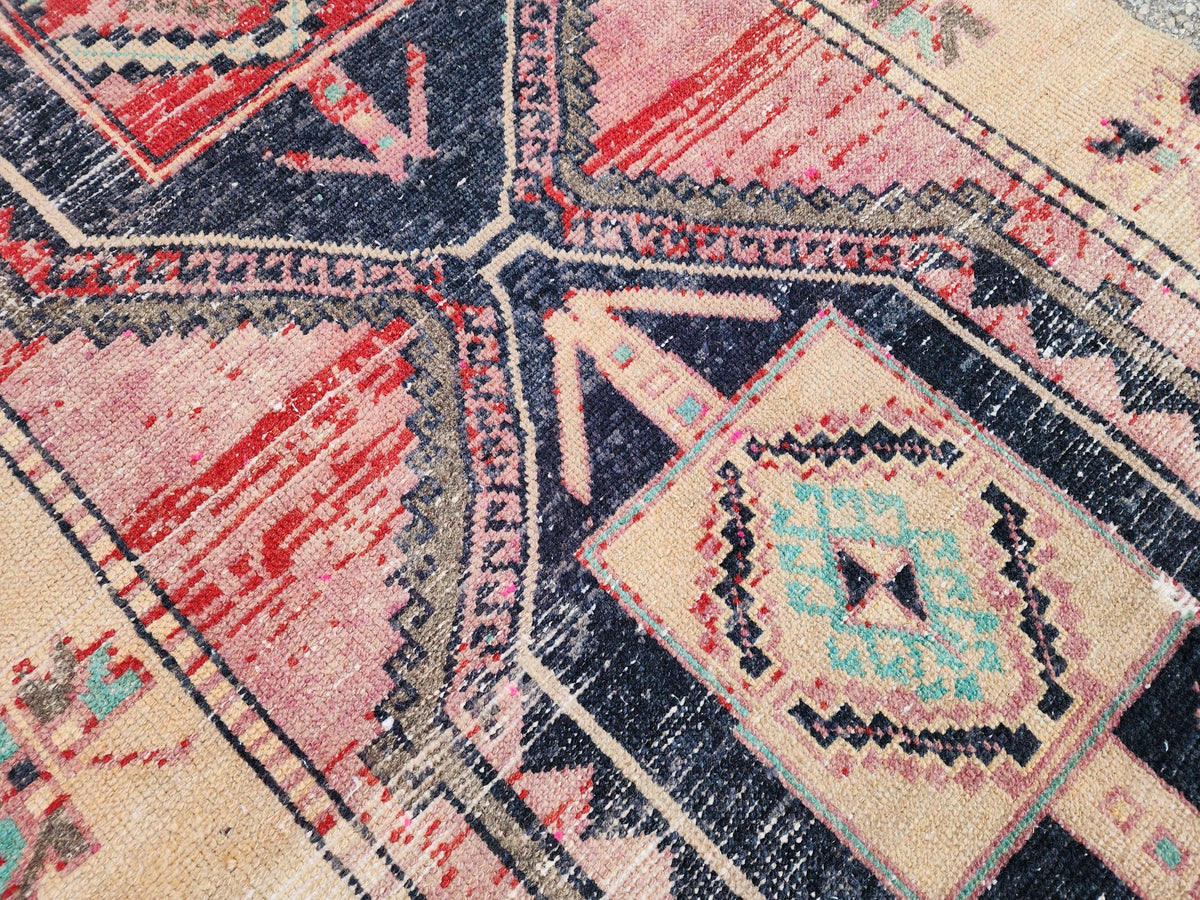 Turkish Runner Rug 3x11, Brown and Pink Color Hallway Carpet, Home Rustic Decor