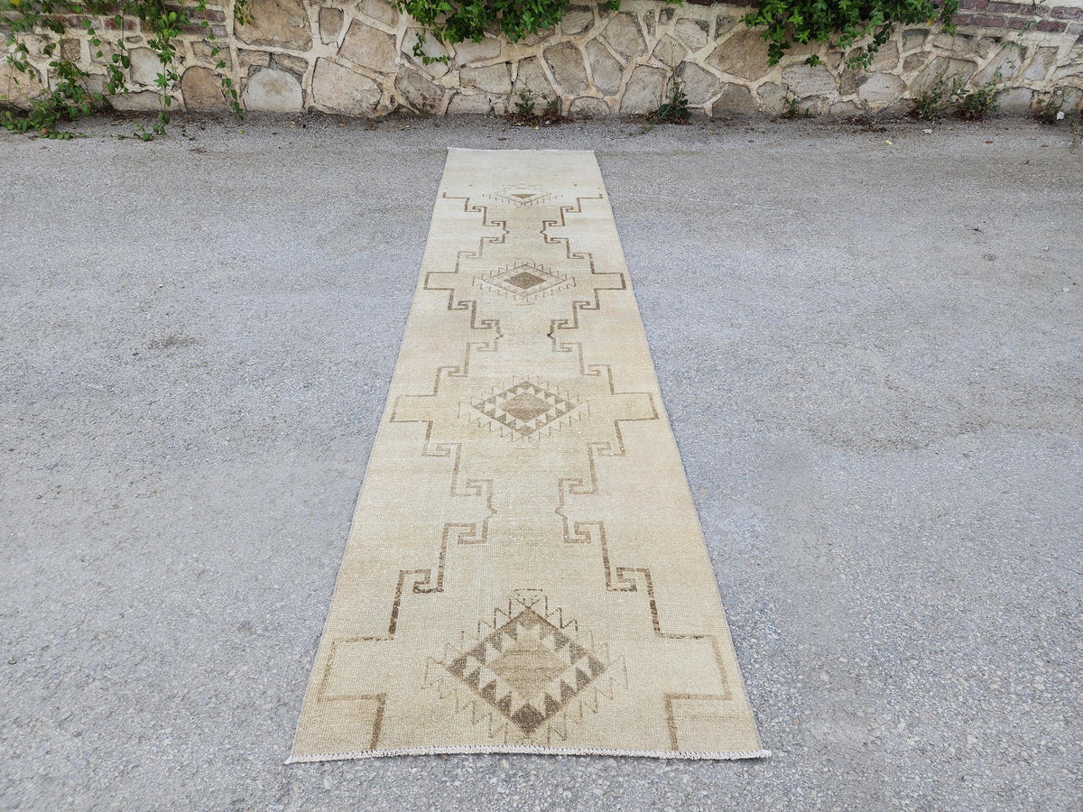 Turkish Neutral Vintage Runner Rug 2.7x12 ft, Carpet For Kitchen Rustic Boho