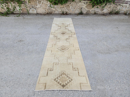 Turkish Neutral Vintage Runner Rug 2.7x12 ft, Carpet For Kitchen Rustic Boho