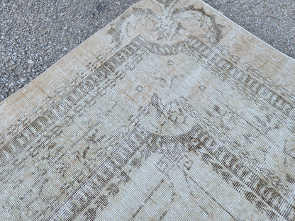 7x10 Hand-Knotted Wool Oushak Rug: Turkish Beige Distressed Carpet