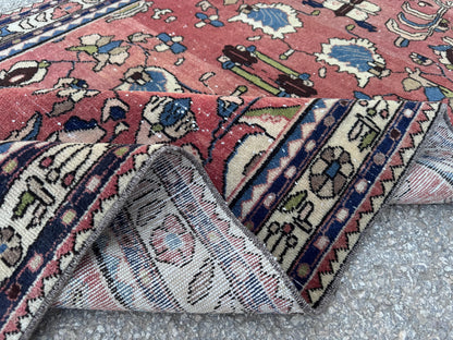 3x9 Tribal Persian Rug: Hand Woven, Faded Red and Black Pattern