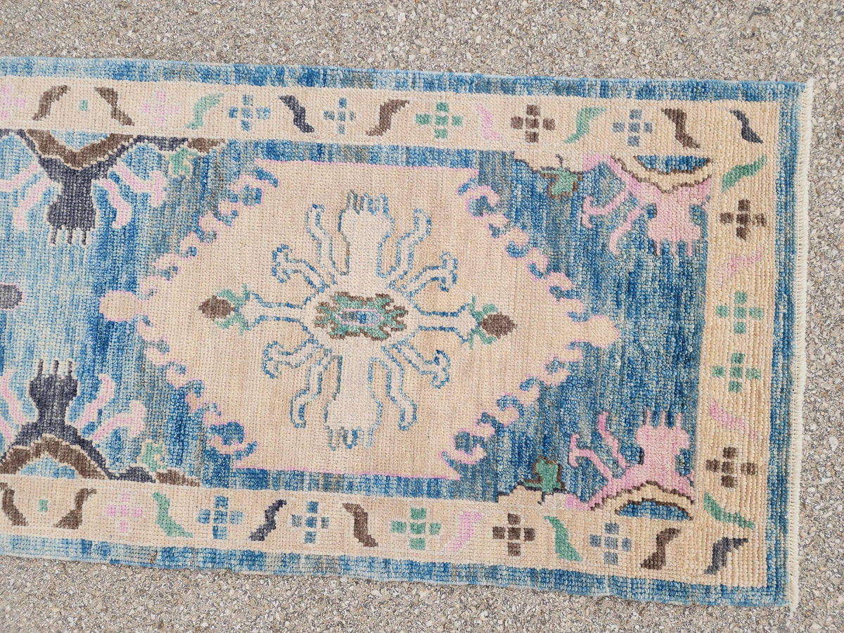 3x13 Oushak Runner Rug, Soft Blue Wool Turkish Hand Made, Rustic Hallway Decor