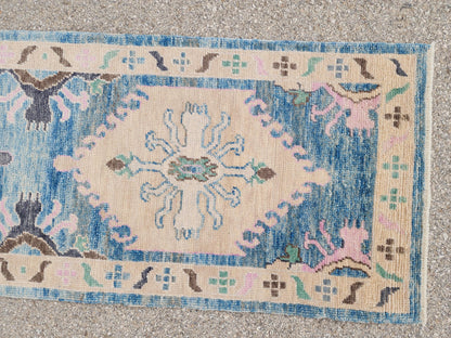 3x13 Oushak Runner Rug, Soft Blue Wool Turkish Hand Made, Rustic Hallway Decor
