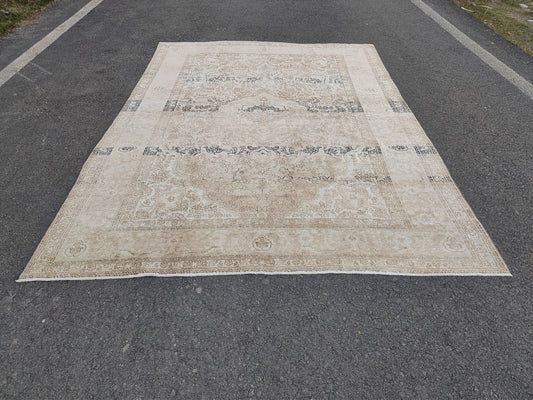 8x11 Vintage Turkish Rug, Hand-Knotted Beige Oriental Wool Area Rug, Neutral Decor