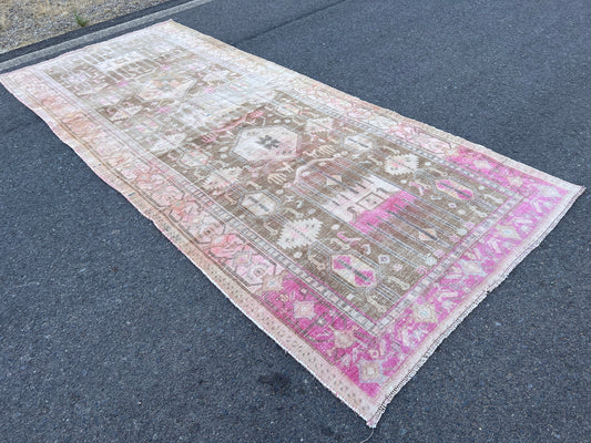 5x12 Oushak Runner Rug: Vintage Turkish Handwoven Wool Carpet, Soft Muted Floral Hall Decor