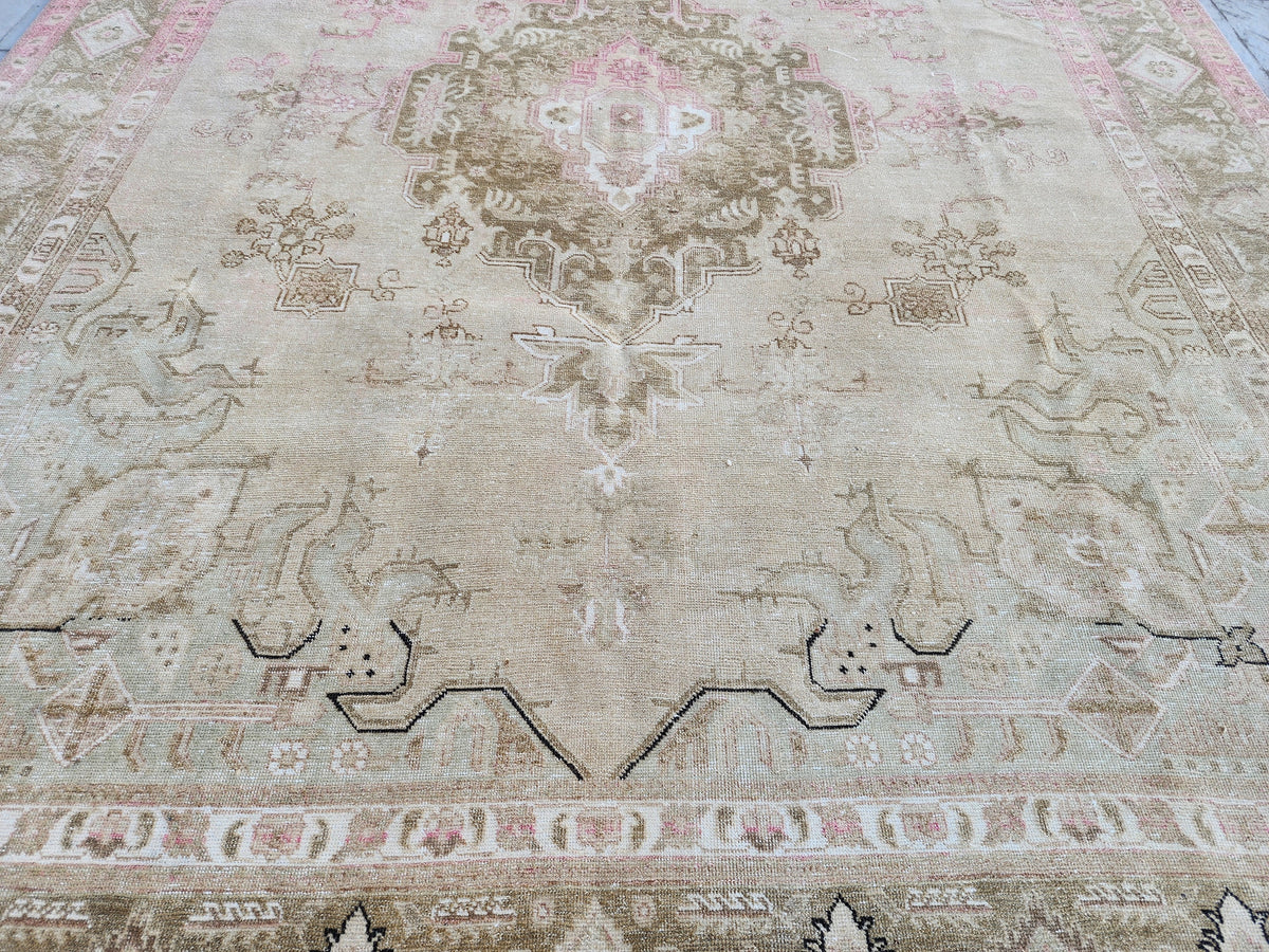 Hand Knotted Wool Vintage Rug: 10x13 Neutral Pink Cream Oversized Area Rug