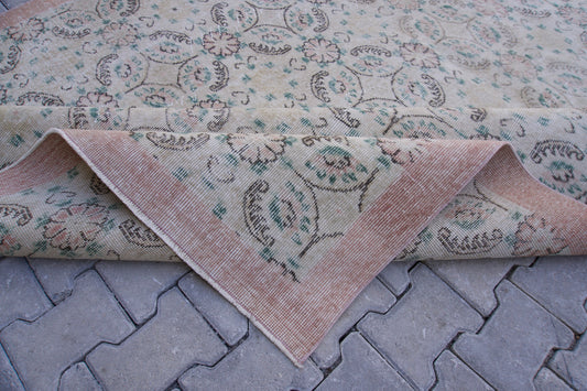 7x11 Vintage Area Rug, Beige and Faded Border Wool, Living Room Decor