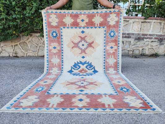 4x6 Vintage Area Wool Rug, Neutral Wool Turkish Hand Made Carpet, Authentic Home Decor