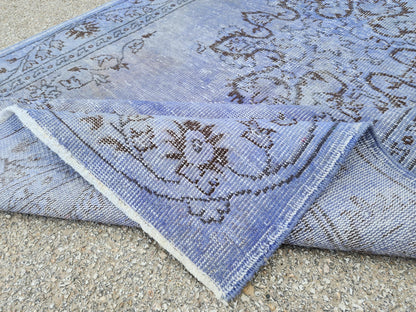 Vintage Blue Turkish Oushak Rug 5x9: Handwoven Wool Area Rug