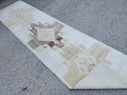 Neutral Turkish Runner Rug 3x12: Handcrafted Oushak Rug