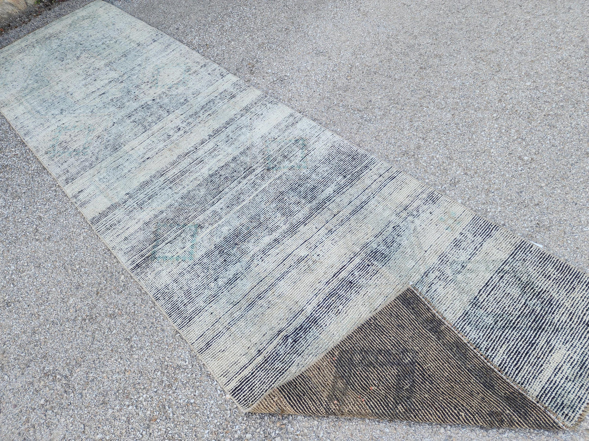 3x11 Vintage Gray Wool Runner Rug: Hand Knotted Hallway Carpet