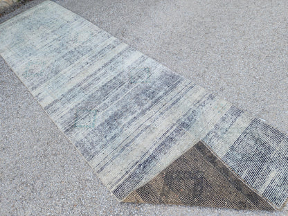 3x11 Vintage Gray Wool Runner Rug: Hand Knotted Hallway Carpet