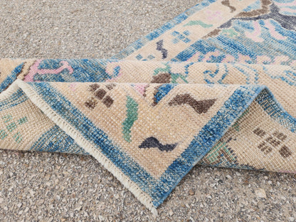 3x13 Oushak Runner Rug, Soft Blue Wool Turkish Hand Made, Rustic Hallway Decor
