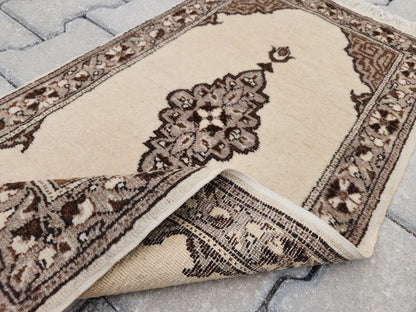 Vintage Turkish Oushak Rug 1x3: Beige Ottoman Wool Rug
