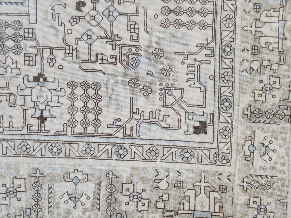 Vintage 9x13 Neutral Oriental Rug: Hand Woven Wool Cotton Area Rug, Geometric Pattern Carpet