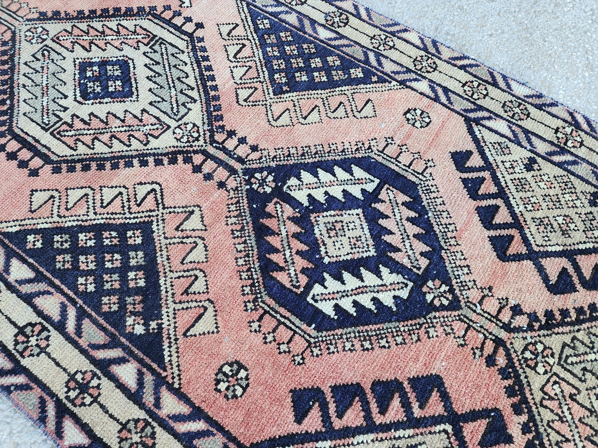 3x10 Hand Made Runner Rug: Persian Medallion Design Rug, Faded Red and Blue Border