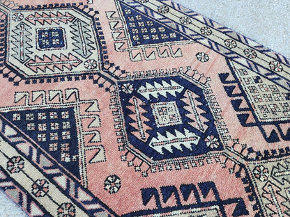 3x10 Hand Made Runner Rug: Persian Medallion Design Rug, Faded Red and Blue Border