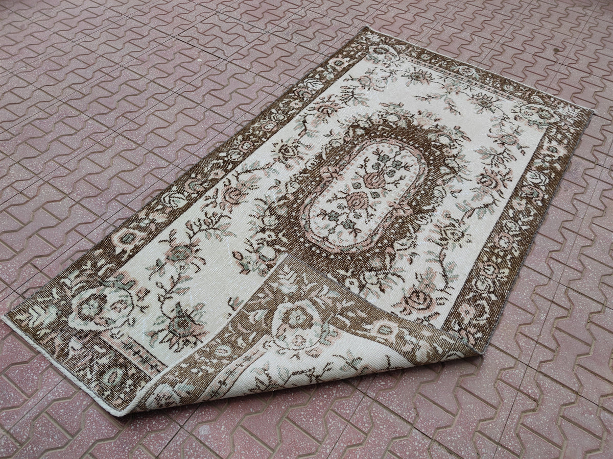 Vintage Oushak Rug 3x6: Handwoven Wool & Cotton Turkish Rug