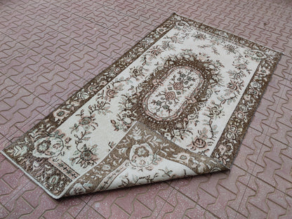 Vintage Oushak Rug 3x6: Handwoven Wool & Cotton Turkish Rug