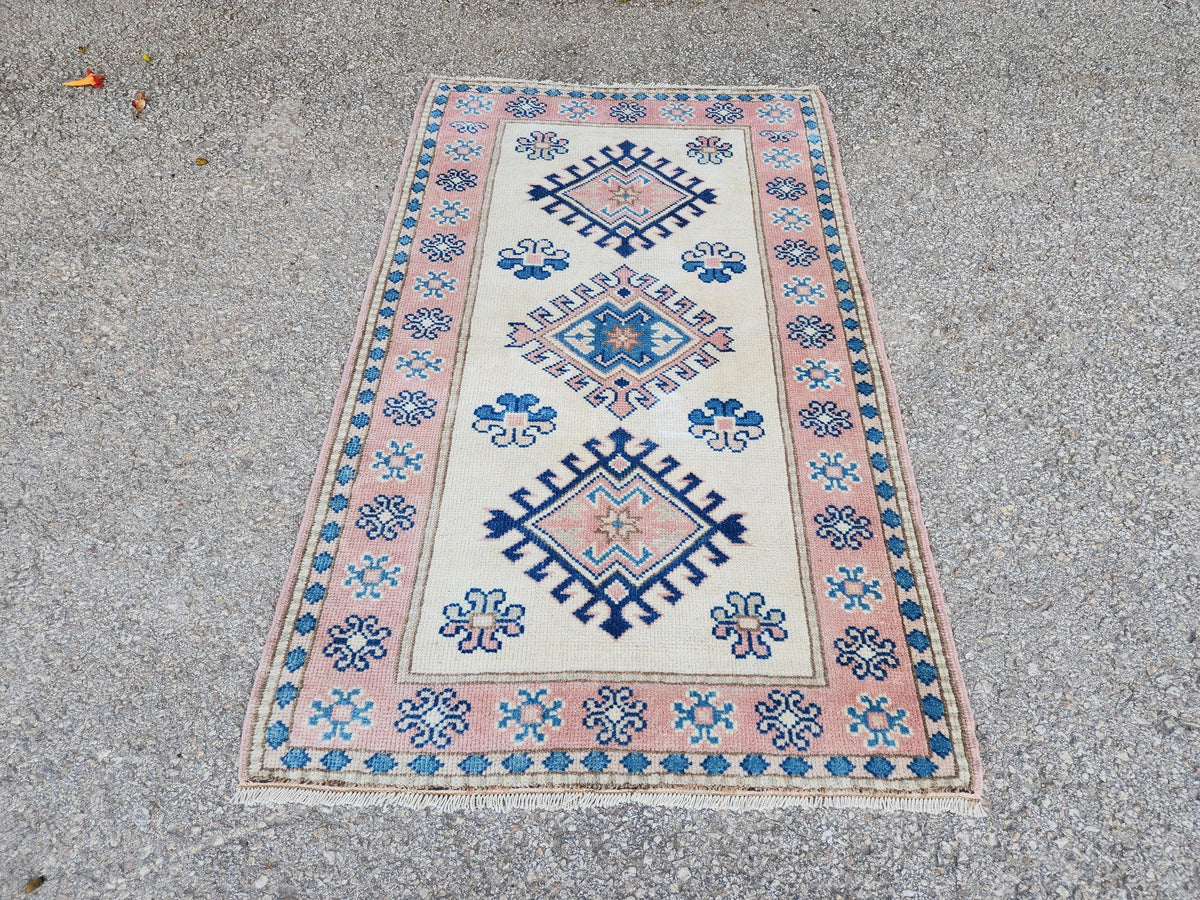 3x5 Anatolian Rug, Bohemian Turkish Hand Made Wool Carpet, Beige and Blue Color
