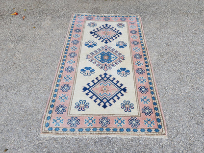 3x5 Anatolian Rug, Bohemian Turkish Hand Made Wool Carpet, Beige and Blue Color