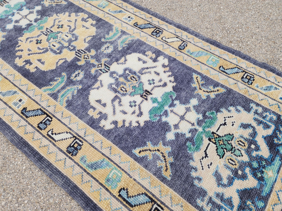 3x13 Turkish Runner, Up Cycled Wool Oushak Hand Made, Ocean Breeze Patina Blue Rug