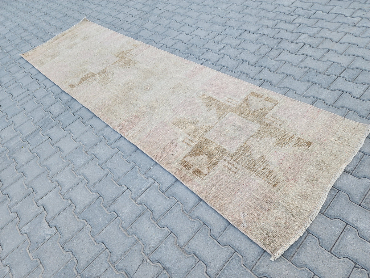 3x11 Turkish Runner Rug: Hand Woven Wool Neutral Beige with Subtle Geometric Pattern