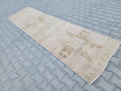 3x11 Turkish Runner Rug: Hand Woven Wool Neutral Beige with Subtle Geometric Pattern