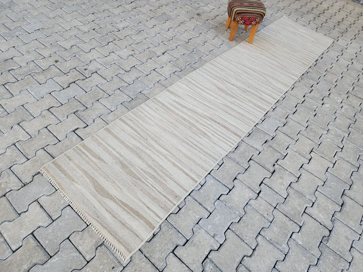 2x11 Neutral Runner Rug, Handwoven Turkish Kilim, Rustic Boho Decor