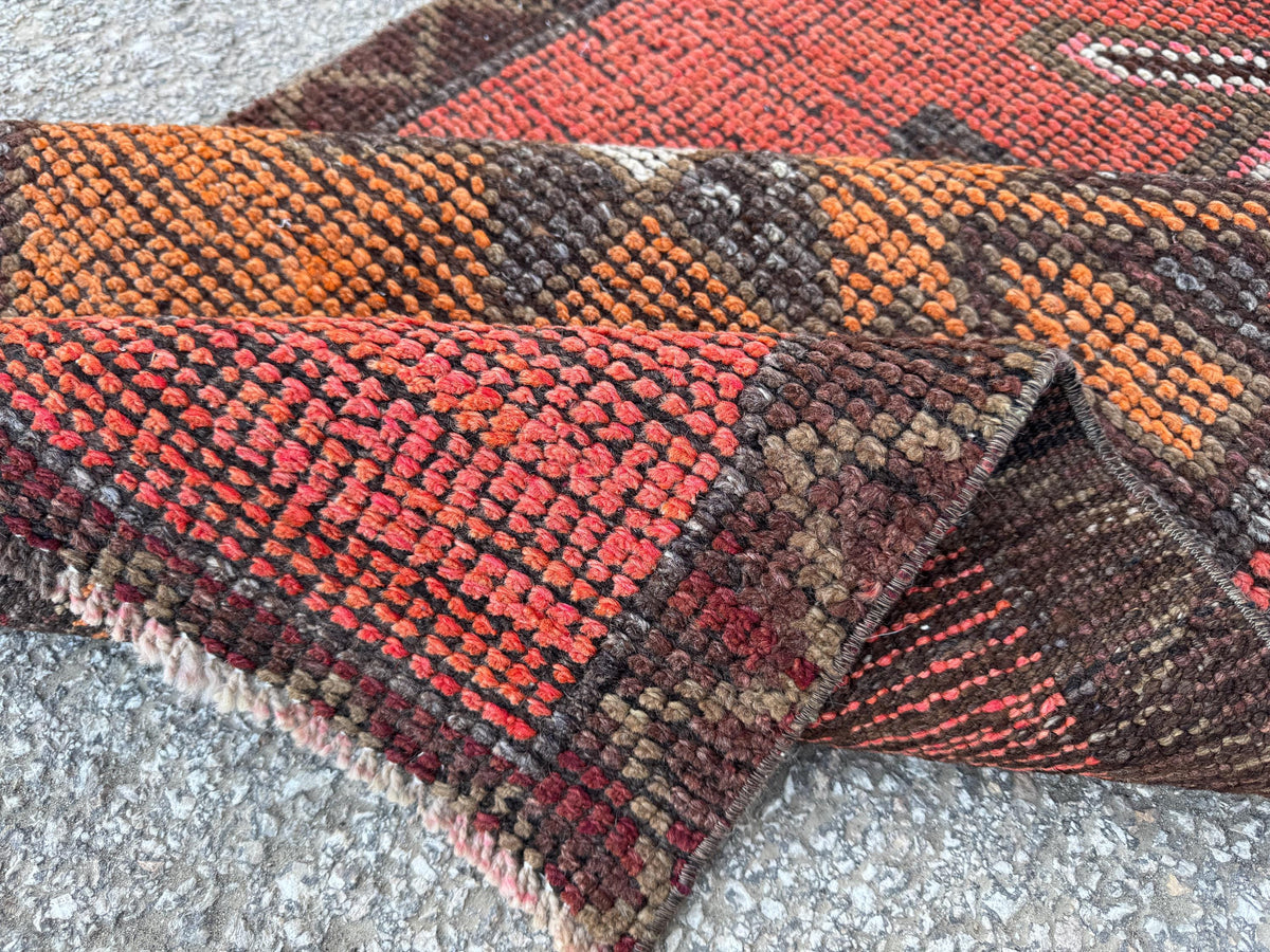 3x9 Geometric Herki Runner: Handwoven Wool in Red and Brown Tribal Design