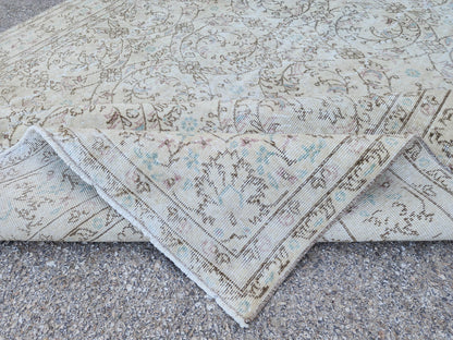 7x10 Vintage Oushak Rug: Hand-Knotted Wool, Distressed Beige Carpet