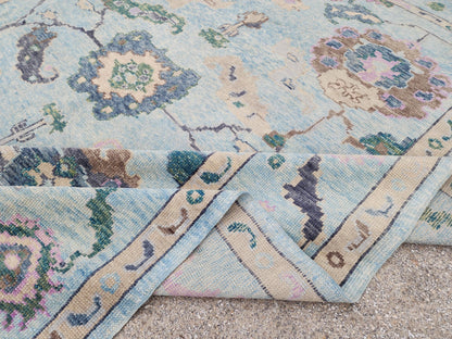 9x10 Oushak Rug: Pastel Blue Floral Up Cycled Wool Carpet, Vintage Boho Style,
