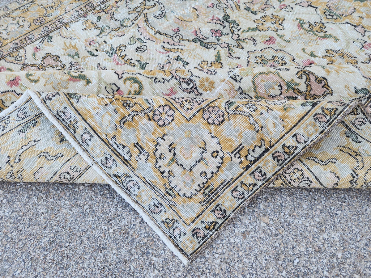 6x9 Oushak Rug: Handwoven Turkish Wool Rug, Neutral Floral Design