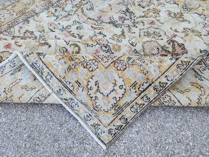 6x9 Oushak Rug: Handwoven Turkish Wool Rug, Neutral Floral Design