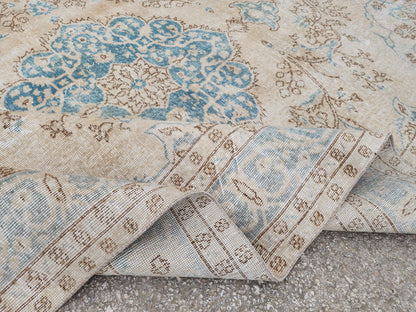 Green Medallion Turkish Oushak Rug 7x10: Wool Area Rug Boho Home Decor, Farmhouse Design