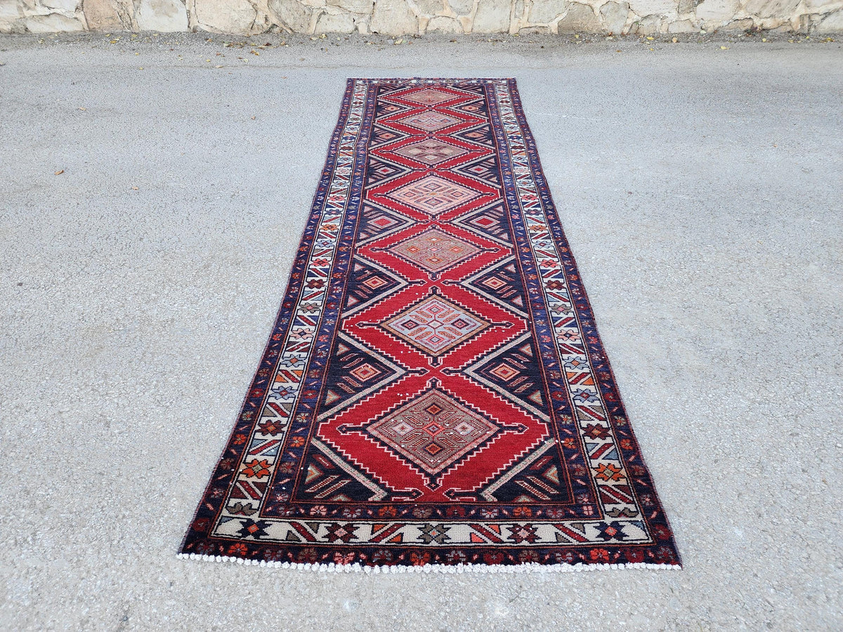 Vintage Hand Woven Rug 3x10: Red and Navy Blue, Persian Geometric Design