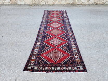 Vintage Hand Woven Rug 3x10: Red and Navy Blue, Persian Geometric Design