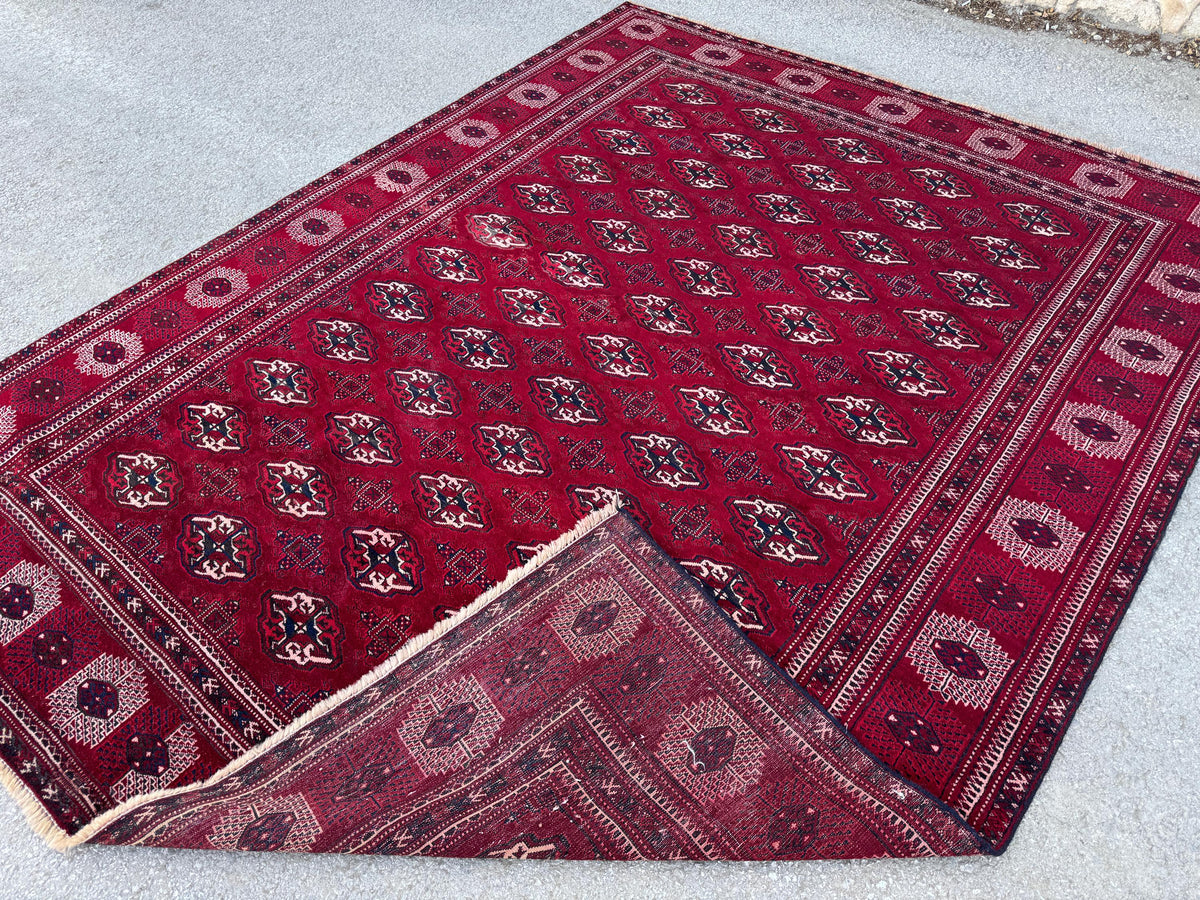 7x9 Handwoven Turkish Wool Rug: Vintage Red Accent Rug