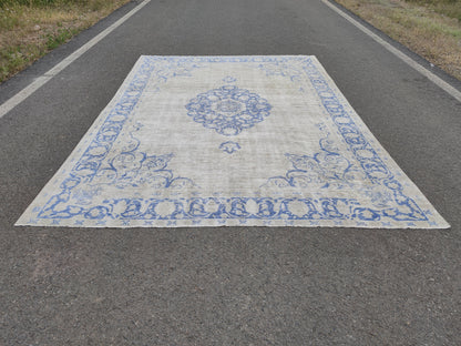 9x13 Blue Medallion Turkish Oushak Rug: Hand-Knotted Wool Vintage Rug