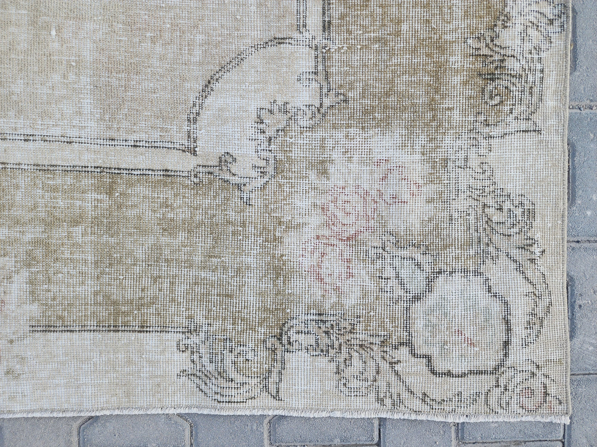 Neutral Oushak Rug 7x10: Green Faded Handwoven Area Rug