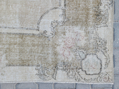 Neutral Oushak Rug 7x10: Green Faded Handwoven Area Rug