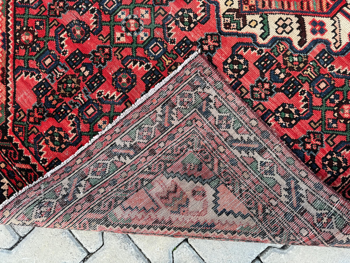 4x7 Vintage Turkish Rug: Red Oushak Handmade Small Rug