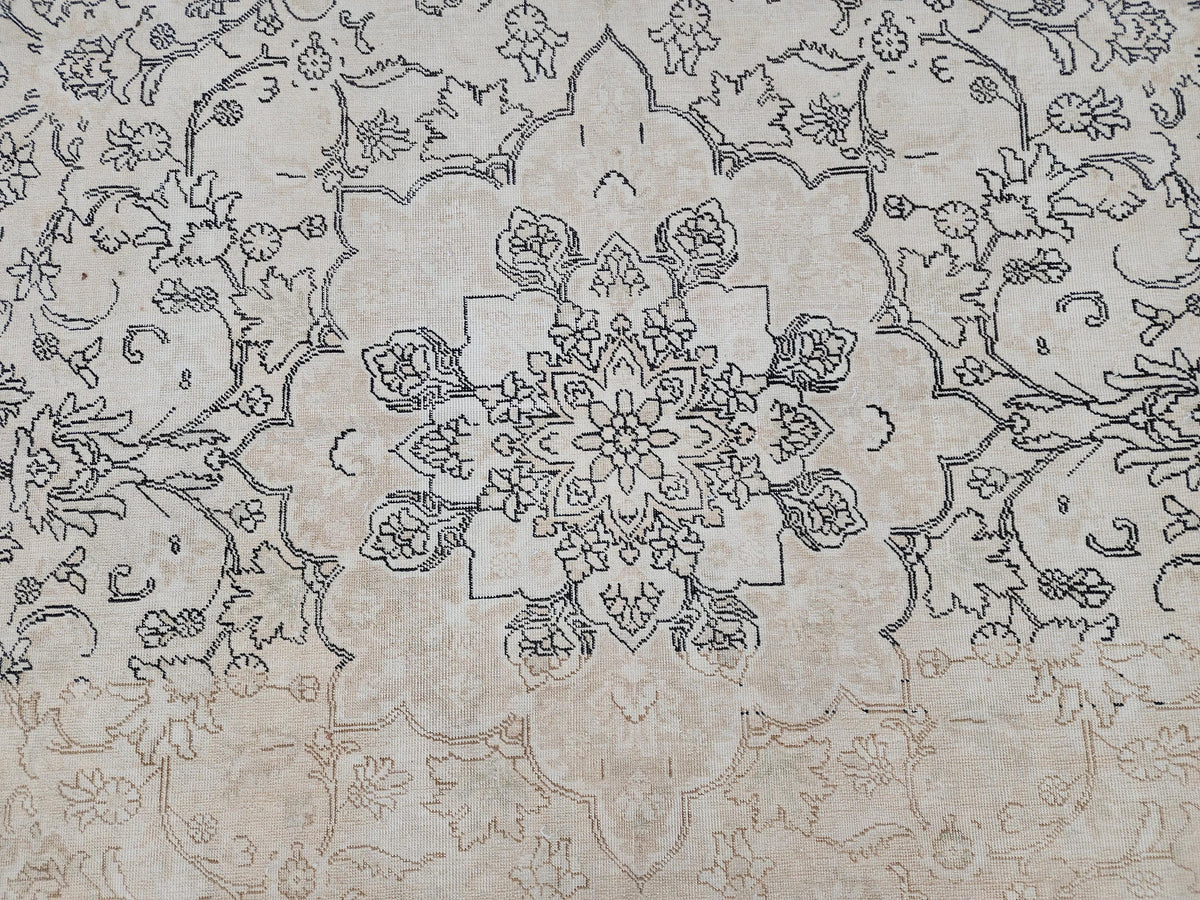 Beige Vintage Rug, 9×12, Hand-Knotted Oriental, Traditional Turkish Living Room Carpet